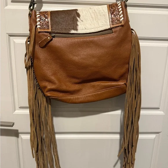 Brown and White Cowhide Fringe Crossbody Myra Bag - Picture 2 of 8
